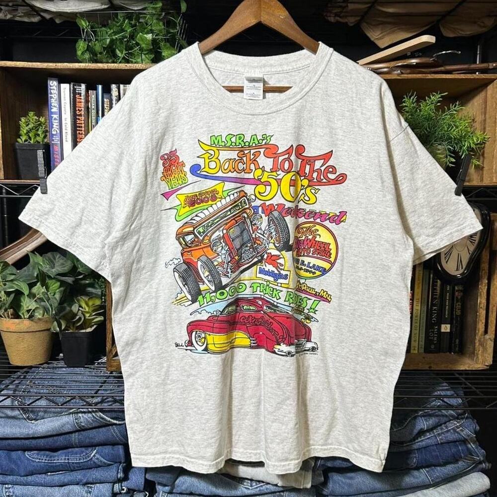 Vintage Y2K Back To The 50's Cartoon Car Show Tee Shirt Mens XL Gray Racing